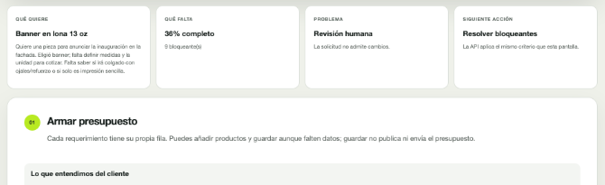 Recorte de la revisión operativa histórica con resumen de la solicitud, bloqueantes y siguiente acción.
