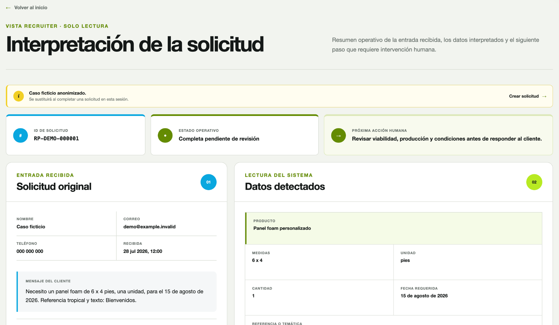 Captura real de la interpretación de una solicitud de demostración con estado operativo, datos detectados y revisión humana